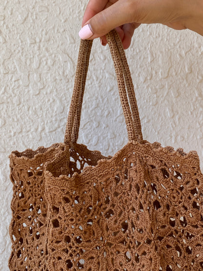 Vintage Boho Brown Hand-Crocheted Tote Bag