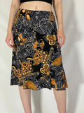 Vintage 90s Griffon Abstract Floral Black & Gold Print Midi Skirt – M