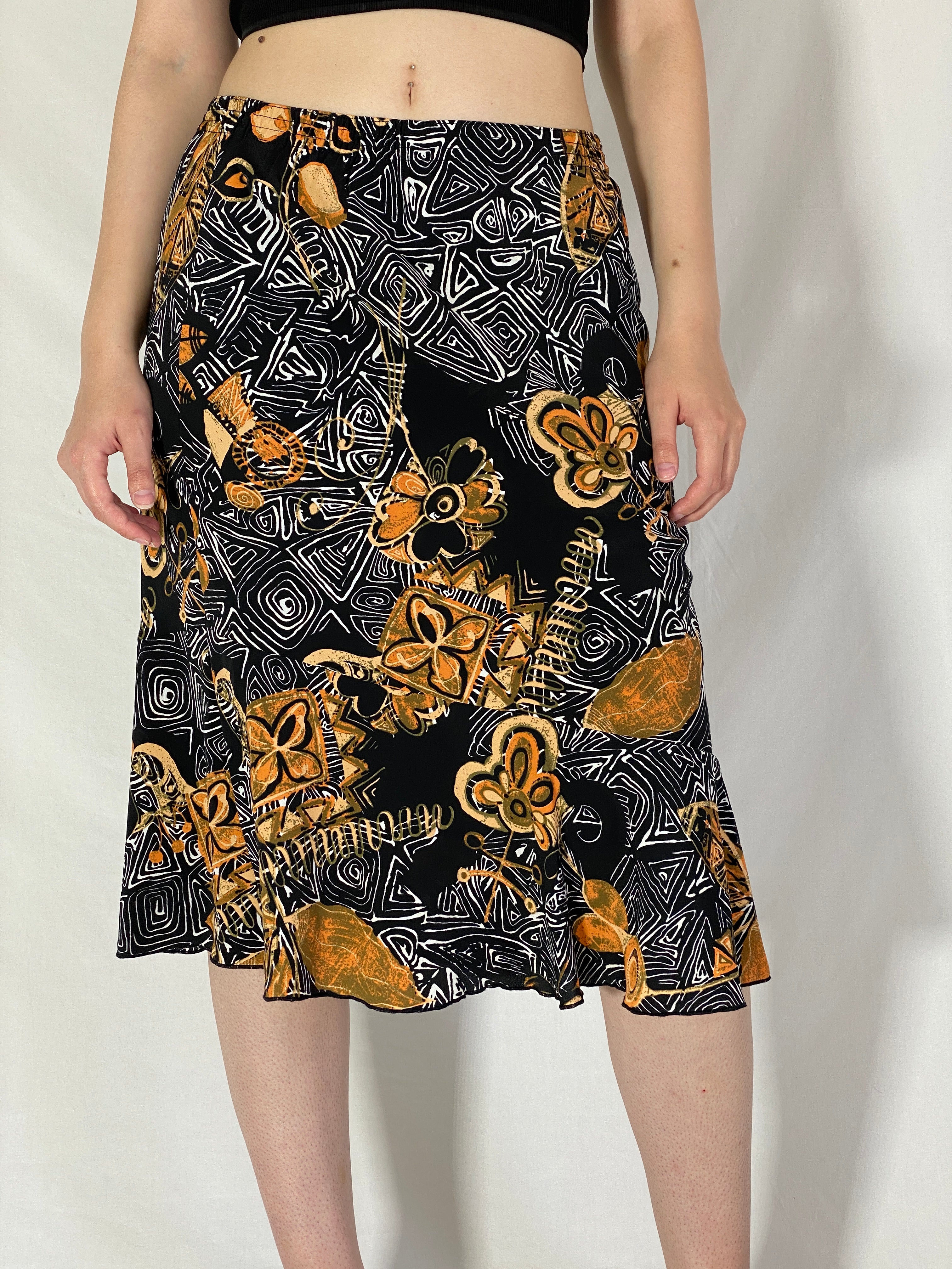 Vintage 90s Griffon Abstract Floral Black & Gold Print Midi Skirt – M