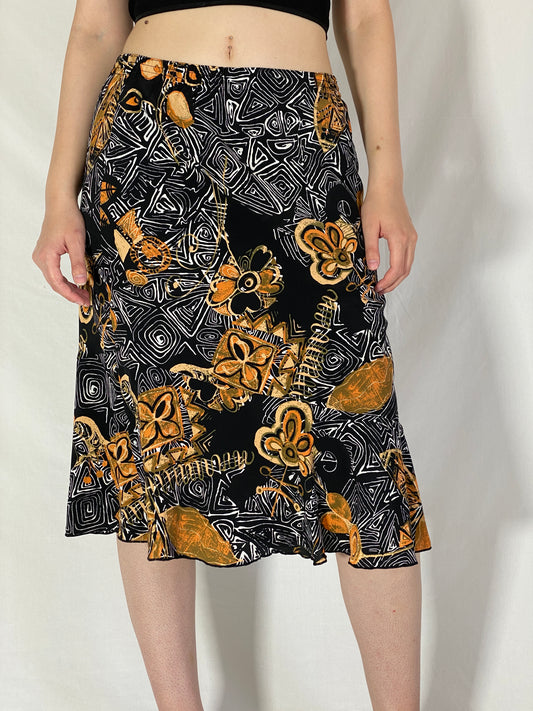 Vintage 90s Griffon Abstract Floral Black & Gold Print Midi Skirt – M