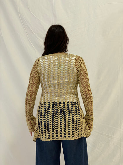 Vintage Beige Crochet Tie-Front Long Sleeve Open-Knit Cardigan – M