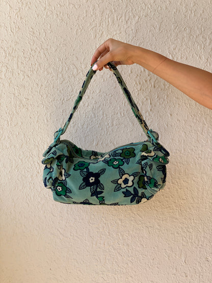 Vintage Y2K GAP Aqua Floral Velvet Shoulder Bag Soft Velour Baguette Purse