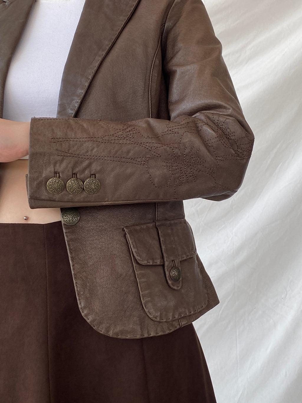 Vintage FRANSA Brown Genuine Leather Floral Embroidered Women’s Blazer Jacket - M