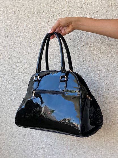 Y2K Black Patent Faux Leather Structured Shoulder Bag