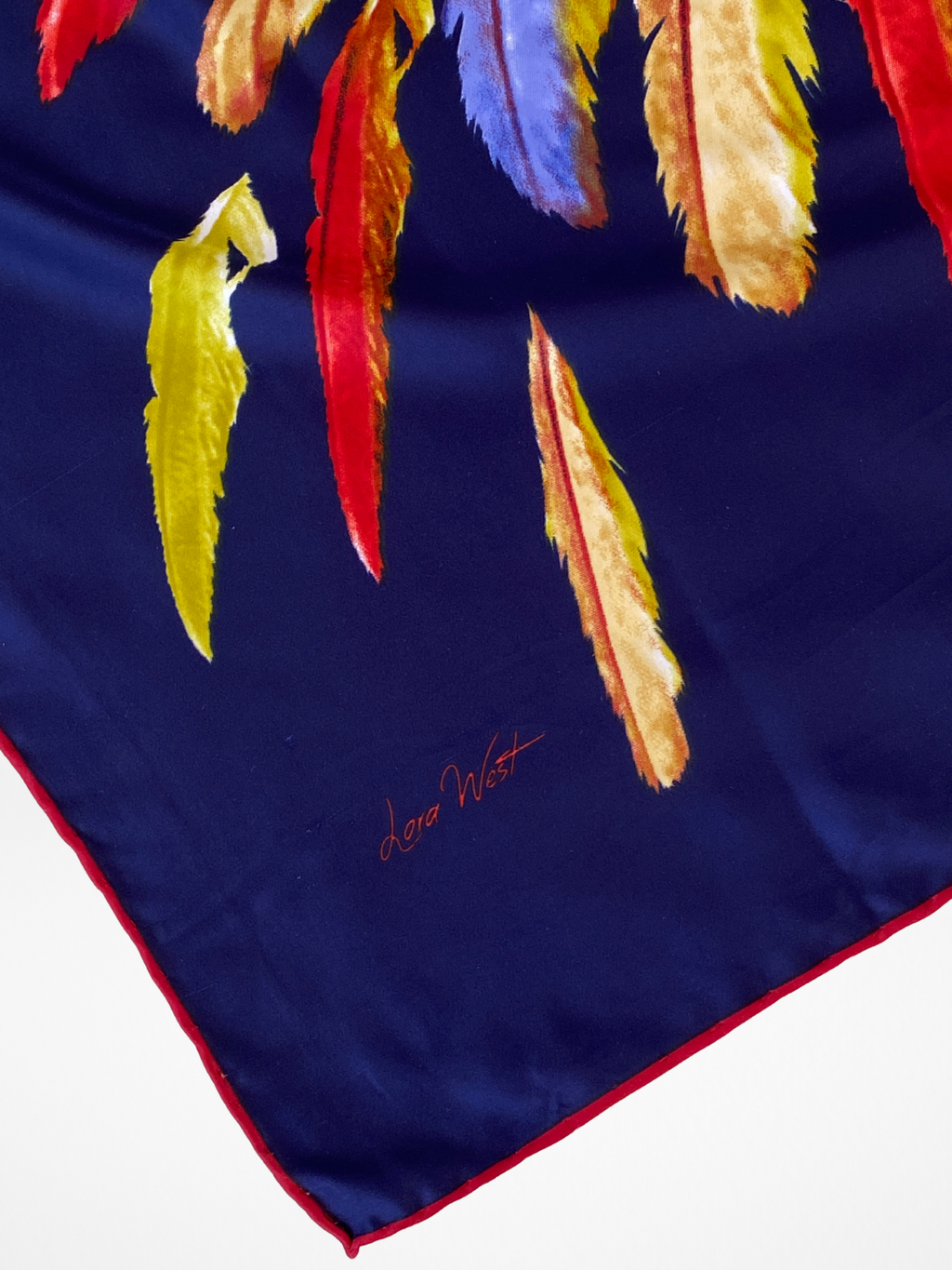 Beautiful Lora West Navy Vibrant Abstract Feather Satin Square Scarf