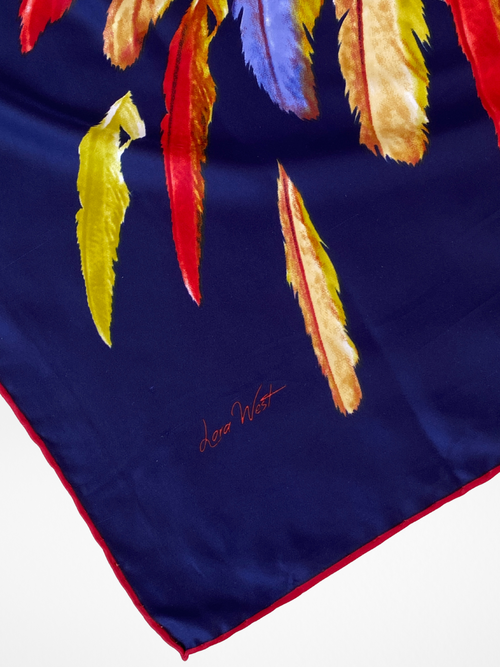 Beautiful Lora West Navy Vibrant Abstract Feather Satin Square Scarf