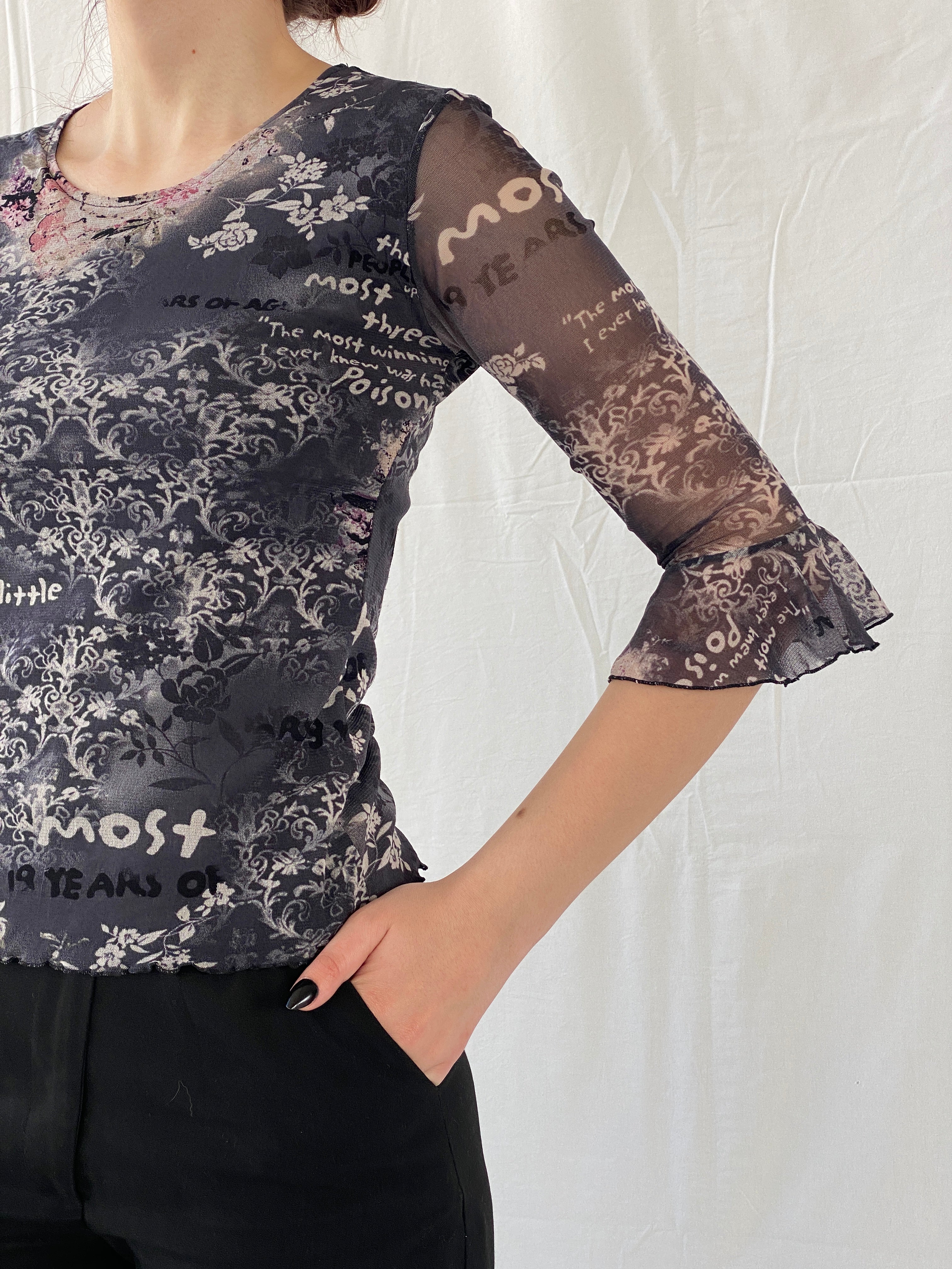 Vintage 90s Pure & Simple Black Graphic 3/4 Sleeve Mesh Top - S