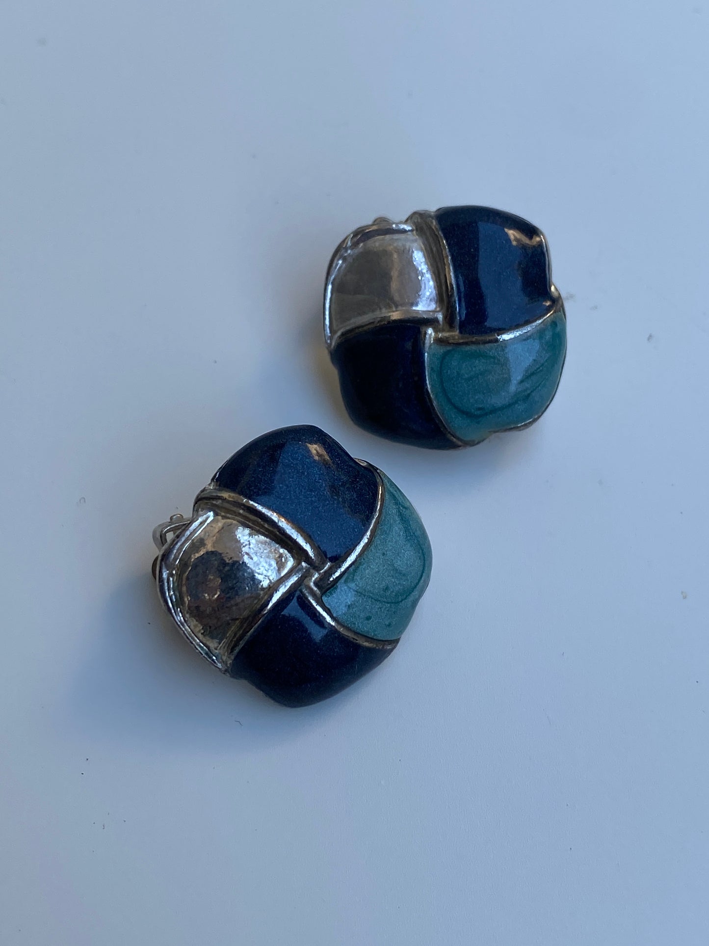 Vintage Geometric Enamel Clip-On Navy Blue, Teal & Silver Earrings