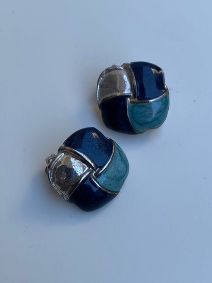 Vintage Geometric Enamel Clip-On Navy Blue, Teal & Silver Earrings