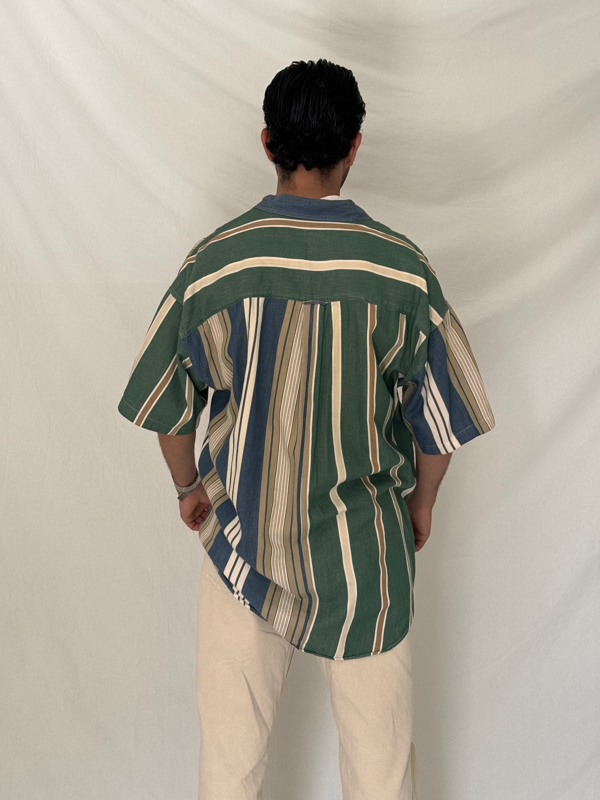 Vintage 90s Chaps Ralph Lauren Green Blue Striped Cotton Shirt - L Vintage 90s Chaps Ralph Lauren Green Blue Striped Cotton Shirt - L
