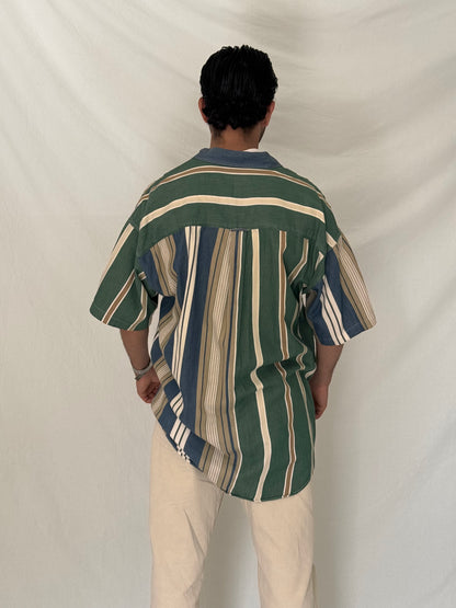 Vintage 90s Chaps Ralph Lauren Green Blue Striped Cotton Shirt - L