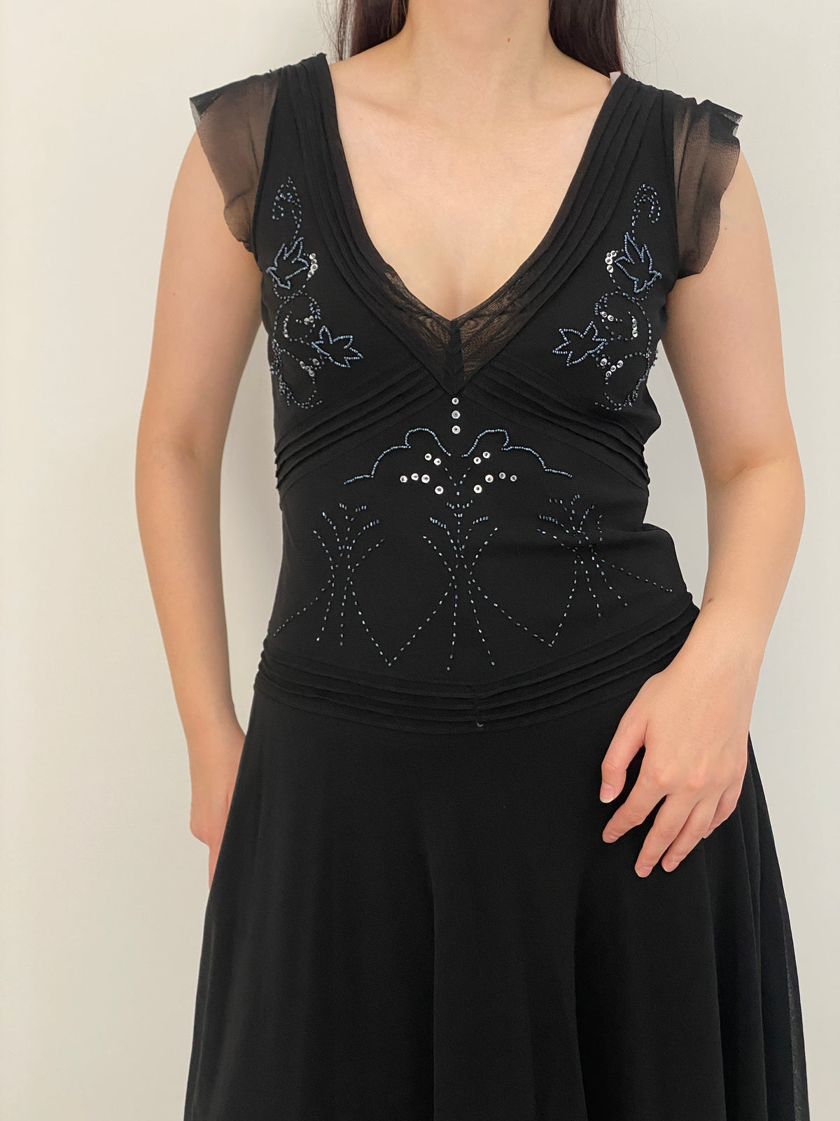 Y2K Mexx Black Beaded Mesh Drop Waist Midi Dress – M