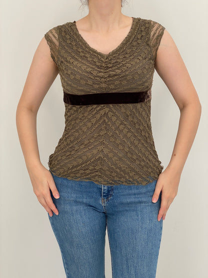 Vintage Y2K Merona Olive Green Lace Velvet Empire Waist Top – S