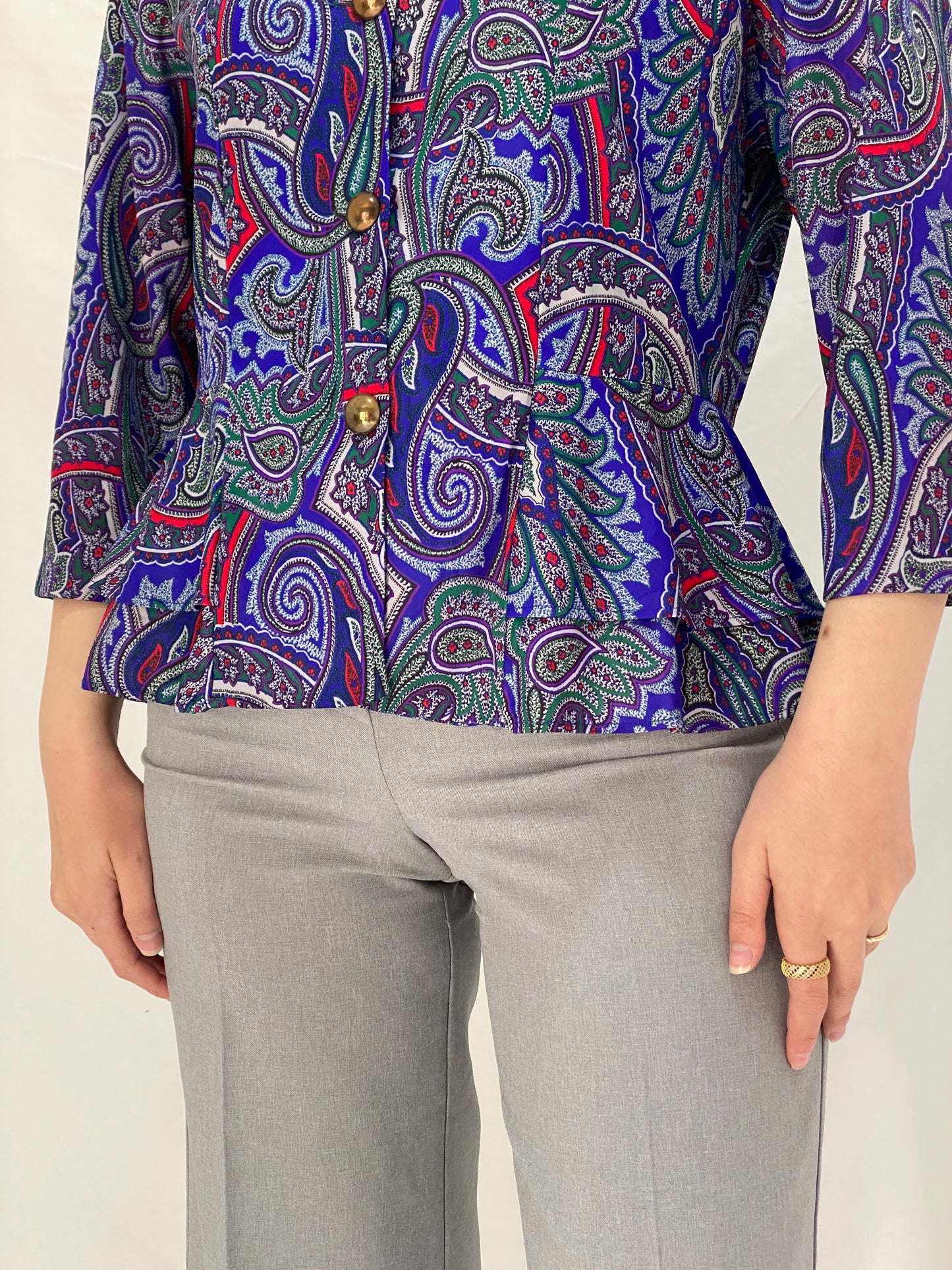 Vintage Amanda Blair Paisley Navy Peplum Satin Blouse Jewel Tone Print with Gold Buttons - L