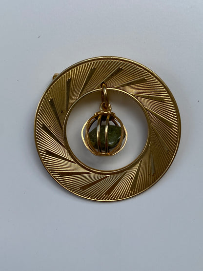 Vintage Gold Tone Geometric Brooch with Wire Wrapped Green Stone – Modernist Statement Pin
