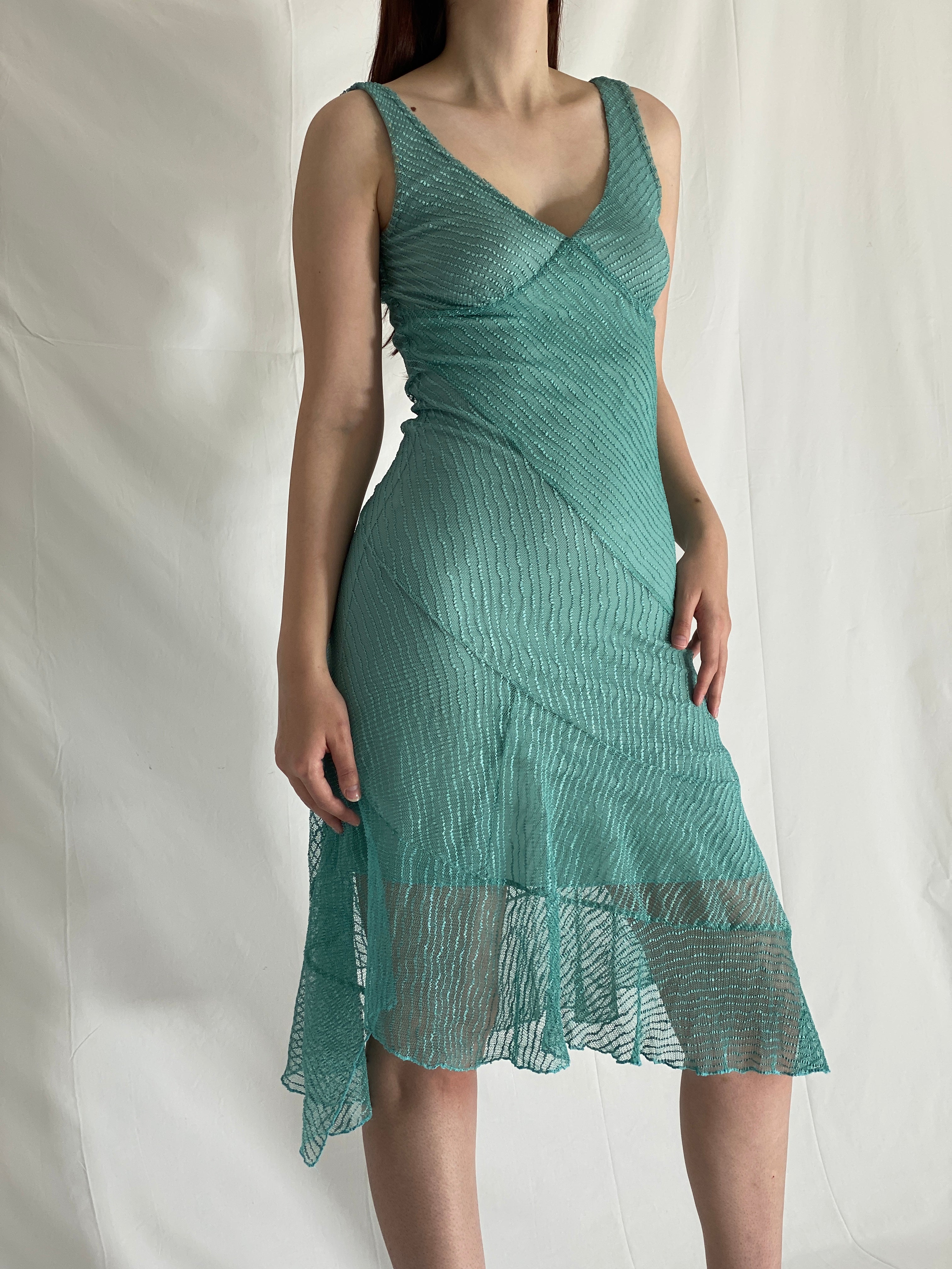 Y2K Cooper St Teal Sheer Mesh Midi Evening Cocktail Party Dress - M