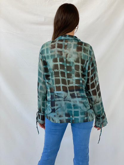 00s Bonita Abstract Blue Ruffled Hem Long Sleeve Shirt - M