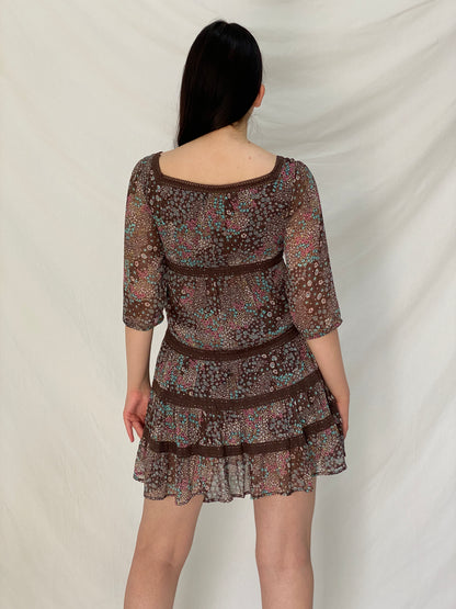 Vintage Y2K Pimkie Brown Floral Babydoll Mini Dress Sheer Cottagecore Boho Dress - M
