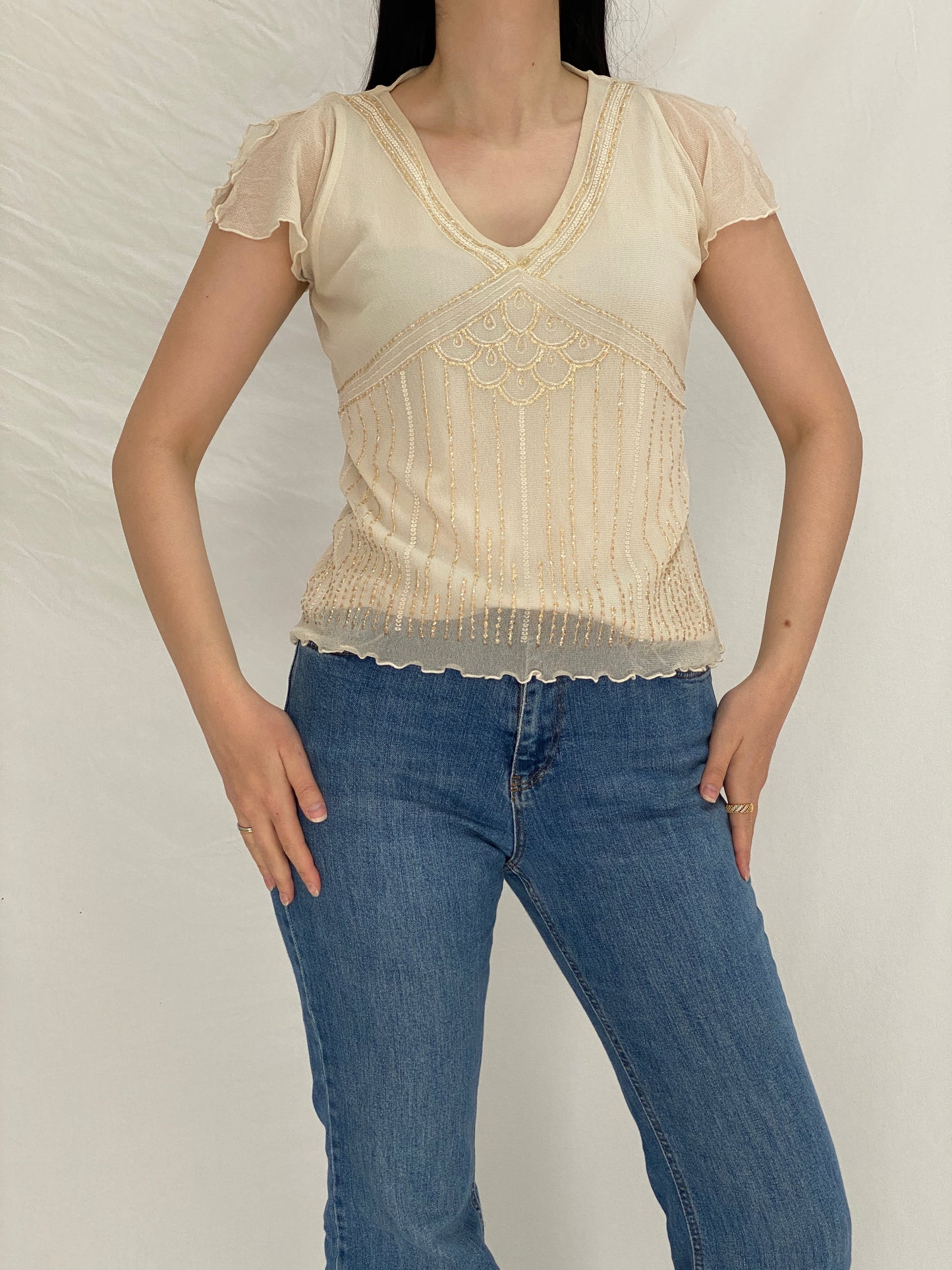Vintage Y2K BHS Cream Beaded Mesh Top Sheer Sequin Embellished Blouse - L