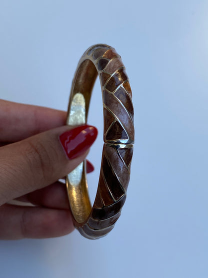 Vintage Gold Tone Marbled Enamel Hinged Bangle Mosaic Cuff Bracelet