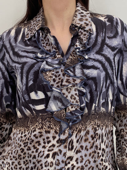 Y2K BiBA Grey & Brown Mixed Animal Print Shirt Ruffle Blouse – M