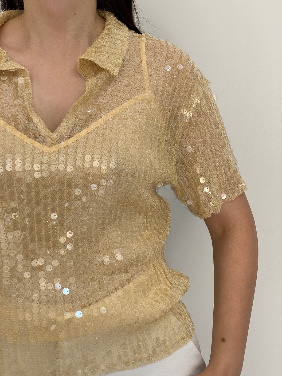 Y2K Zara Champagne Gold Sheer Mesh Sequin Collared Top - S