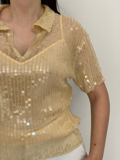 Y2K Zara Champagne Gold Sheer Mesh Sequin Collared Top - S