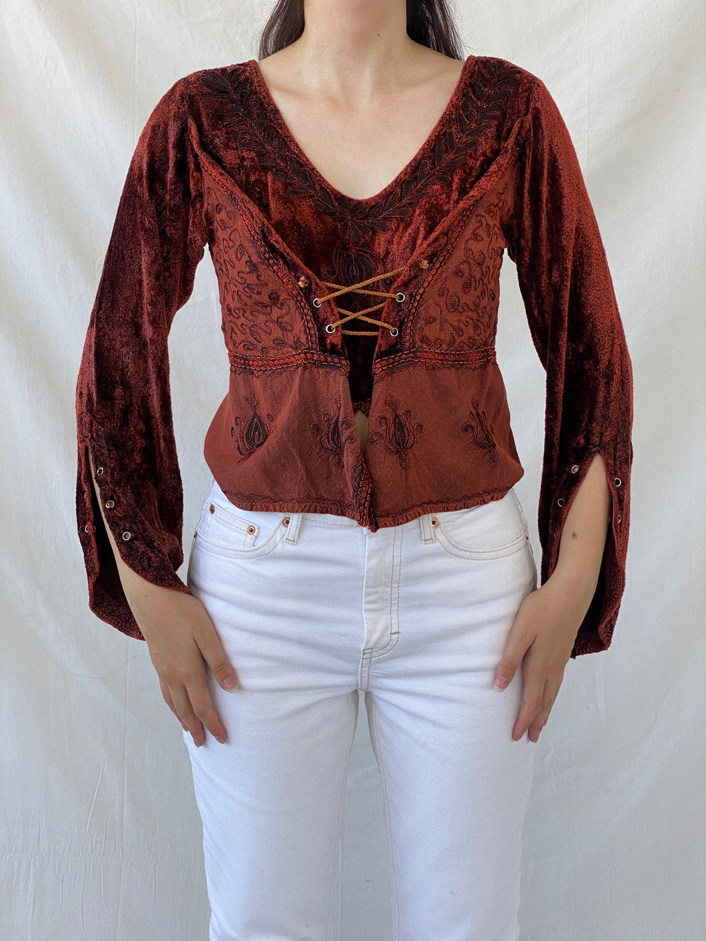 Vintage Y2K BÃRES Witchy Corset Blouse Velvet Full Sleeve Vampy Top - M