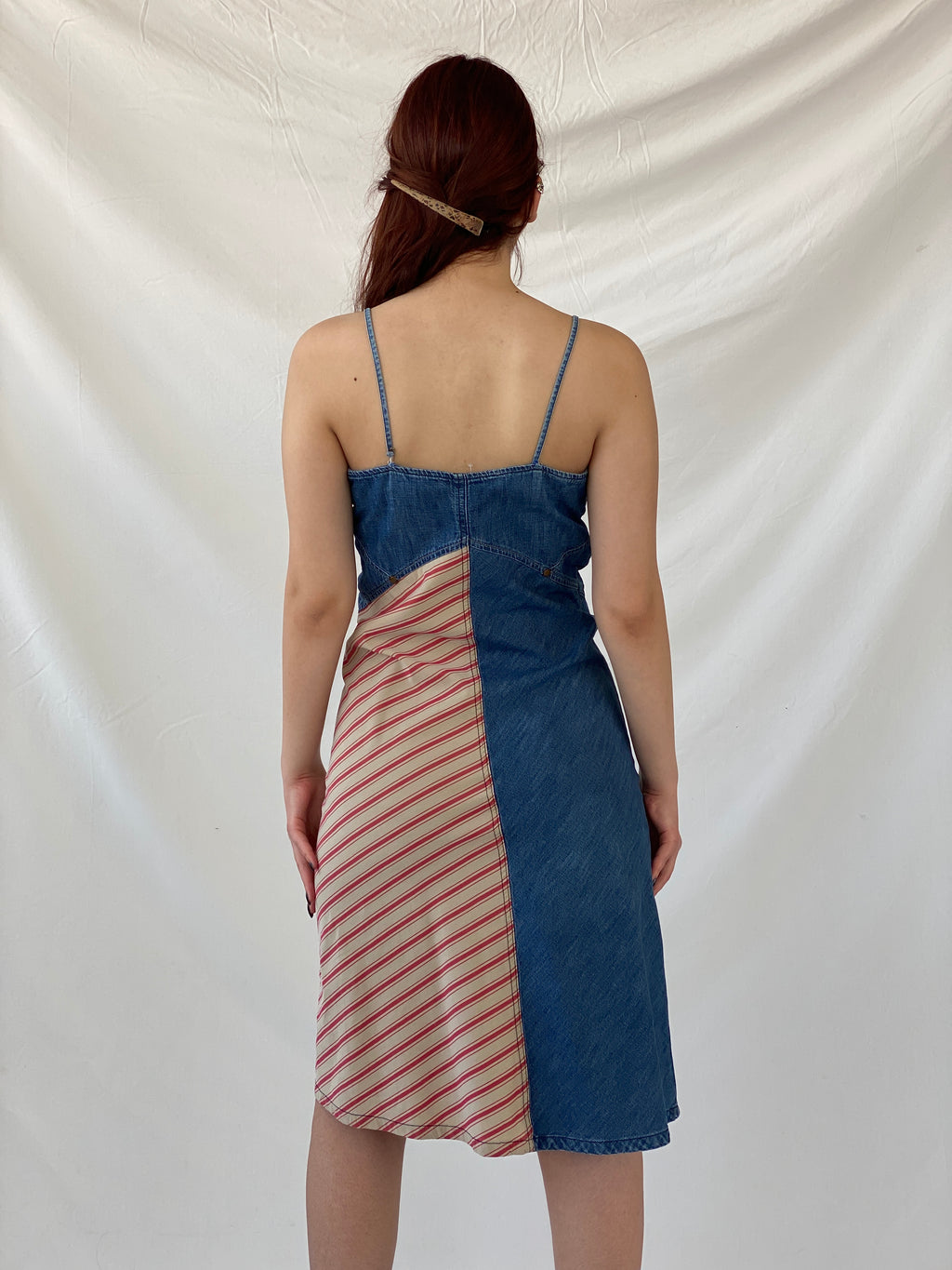 Vintage 90s Roxy Life Quicksilver Denim Striped Red Patch Midi Dress - S