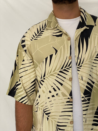 Vintage Tommy Bahama Beige Tropical Leaf Print Silk Hawaiian Camp Shirt - L
