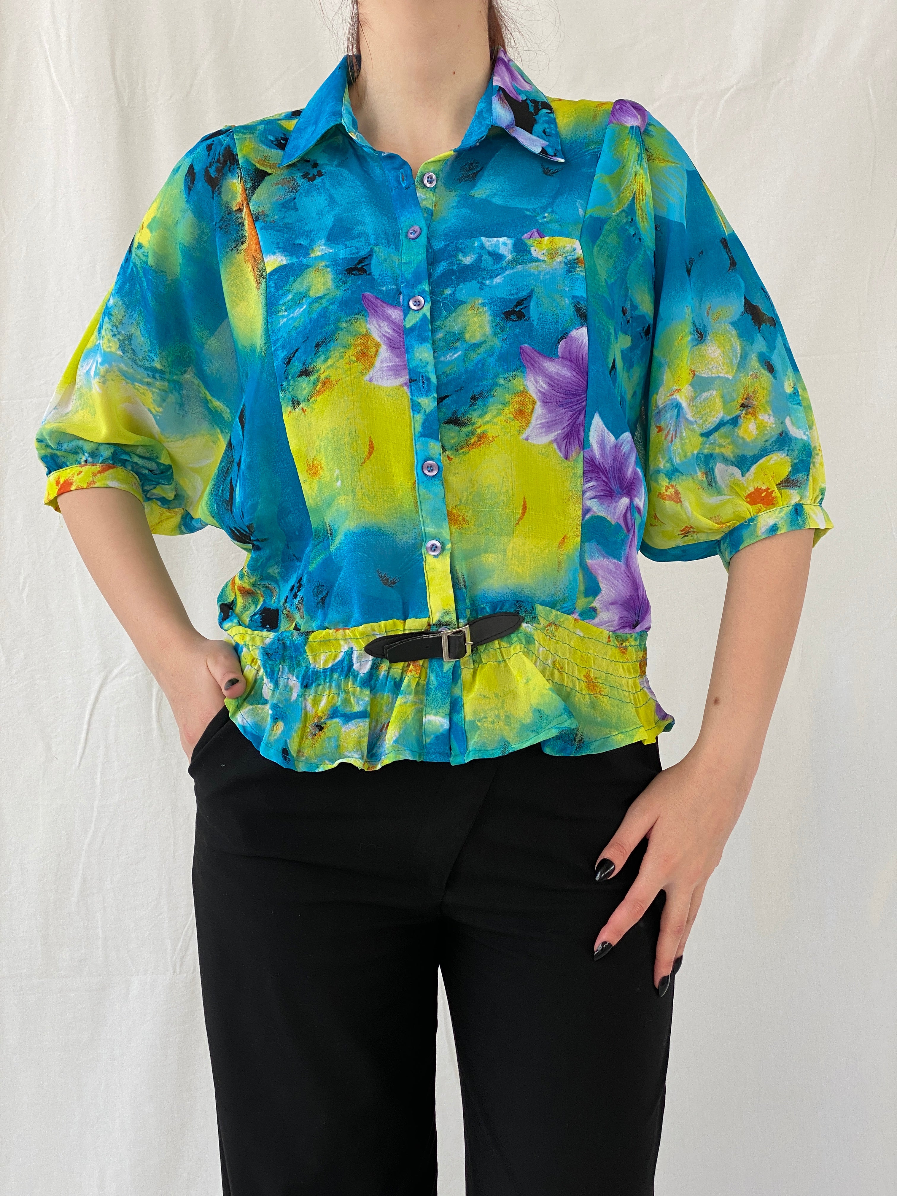Vintage 90s Follow Me Floral Blue Puff Sleeve Elastic Waist Blouse - M