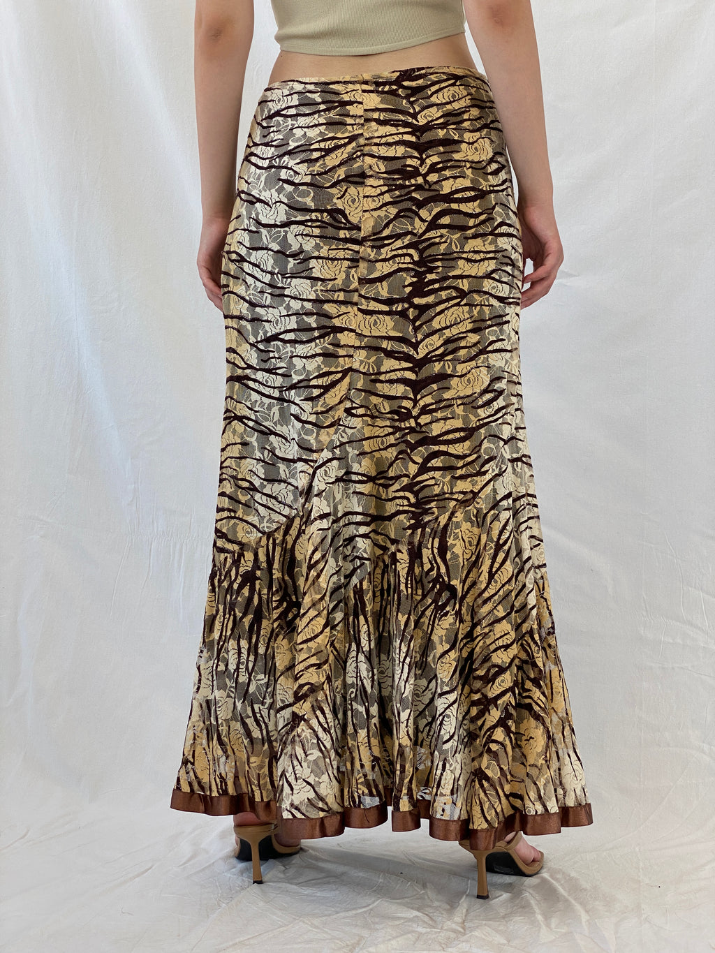 Vintage Brown Zebra Print Floral Lace Satin Trim Hem Maxi Skirt - L