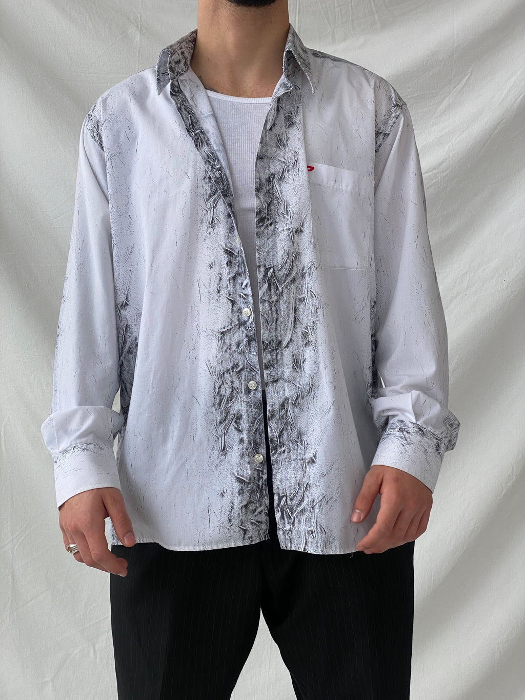 قميص جينز أفانت جارد رجالي بأكمام طويلة وأزرار من ديزل Y2K - مقاس كبير