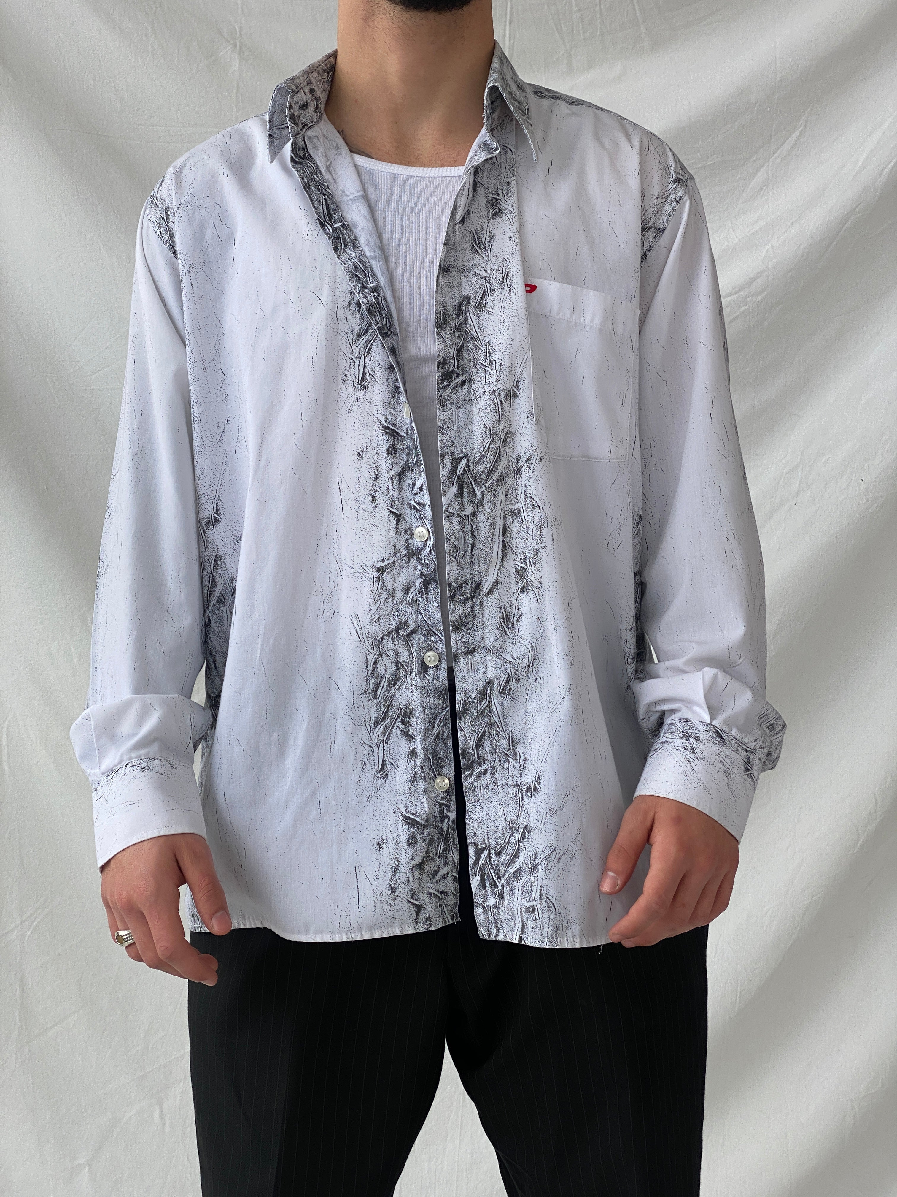 قميص جينز أفانت جارد رجالي بأكمام طويلة وأزرار من ديزل Y2K - مقاس كبير