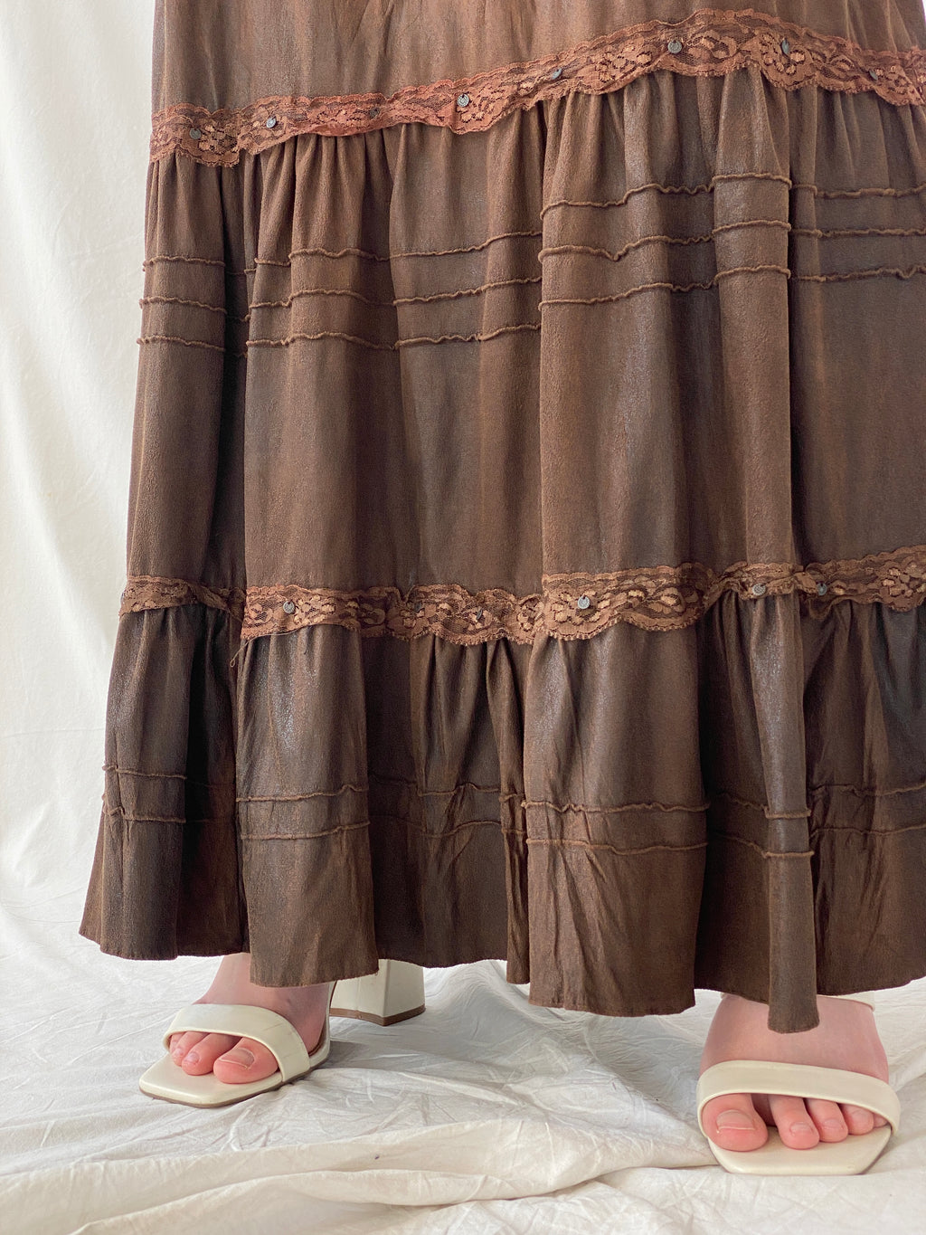 Vintage Whimsygoth Tiered Gypsy Lace Layered Brown Skirt with Blue Floral Embroidery - XL