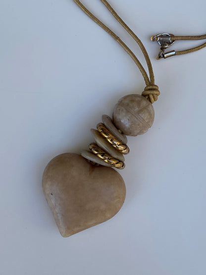 Vintage Artisan Heart Pendant Long Cord Beige Natural Stone Necklace