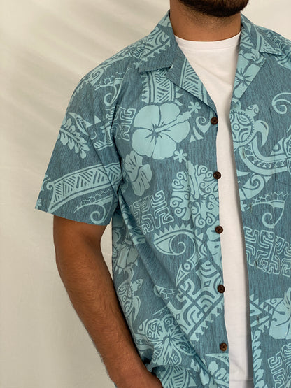 Vintage RJC Hawaiian Blue Cotton Aloha Tropical Tribal Camp Shirt – L