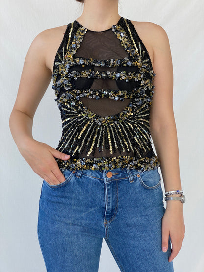 Absolutely Stunning Black Sheer Party Top Embellished with Black and Gold Beads and Sequins - S