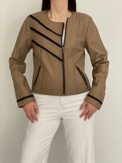 Vintage Y2K Gian Mori Classic Taupe Genuine Leather Zip-Up Jacket - L