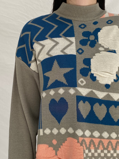 Vintage 90s Elegance EF Gray Knit Floral & Geometric Motifs Sweater - L