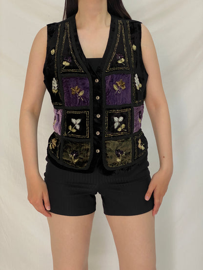 Vintage White Stag Black Velvet Patchwork Embroidered Whimsy Grunge Vest – L