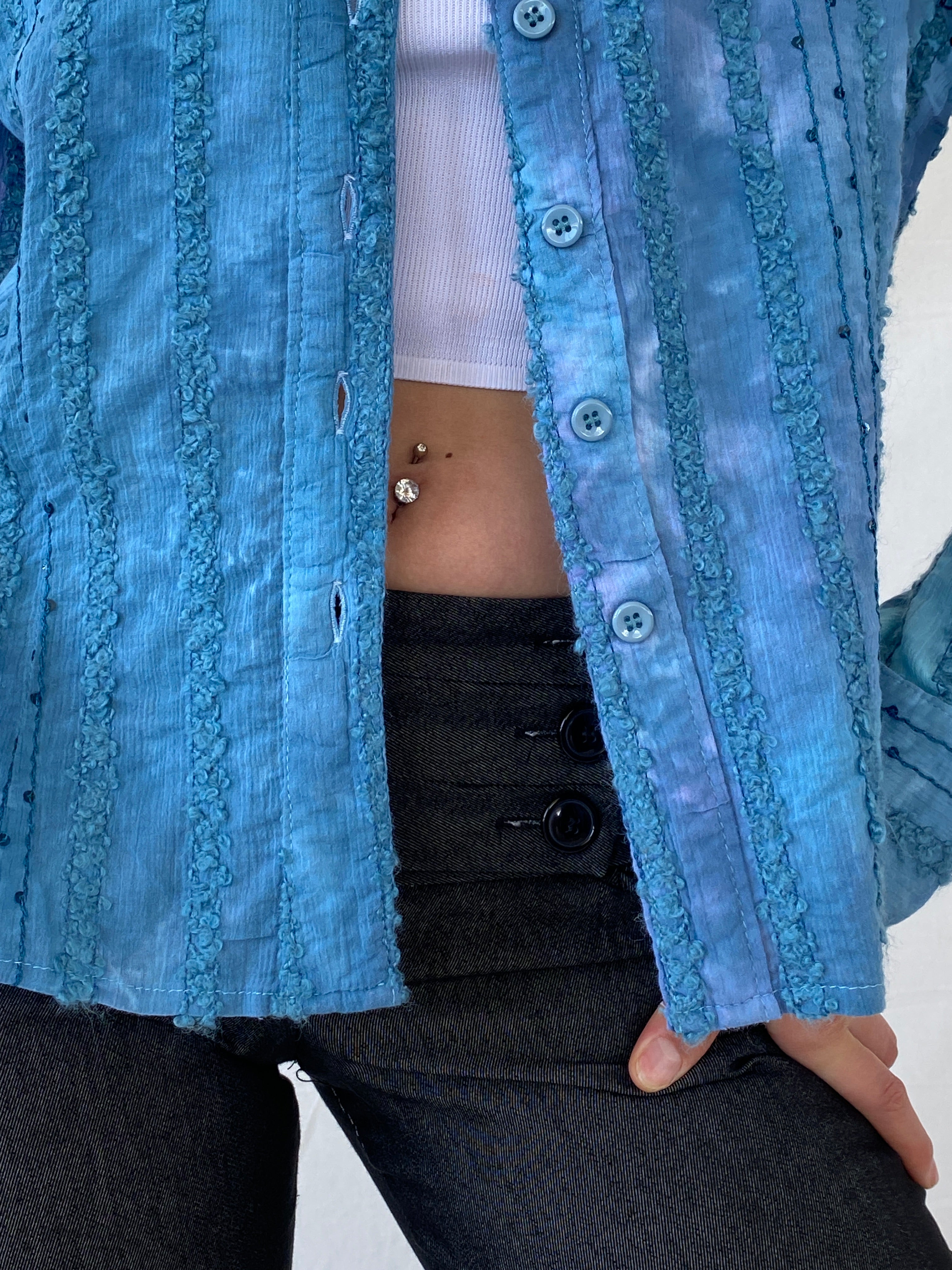 Vintage Tie-Dye Women’s Button Up Blue Sequin Cotton Shirt - M