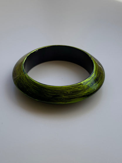 Vintage Green Black Brushstroke Bangle Bracelet Wide Chunky Cuff