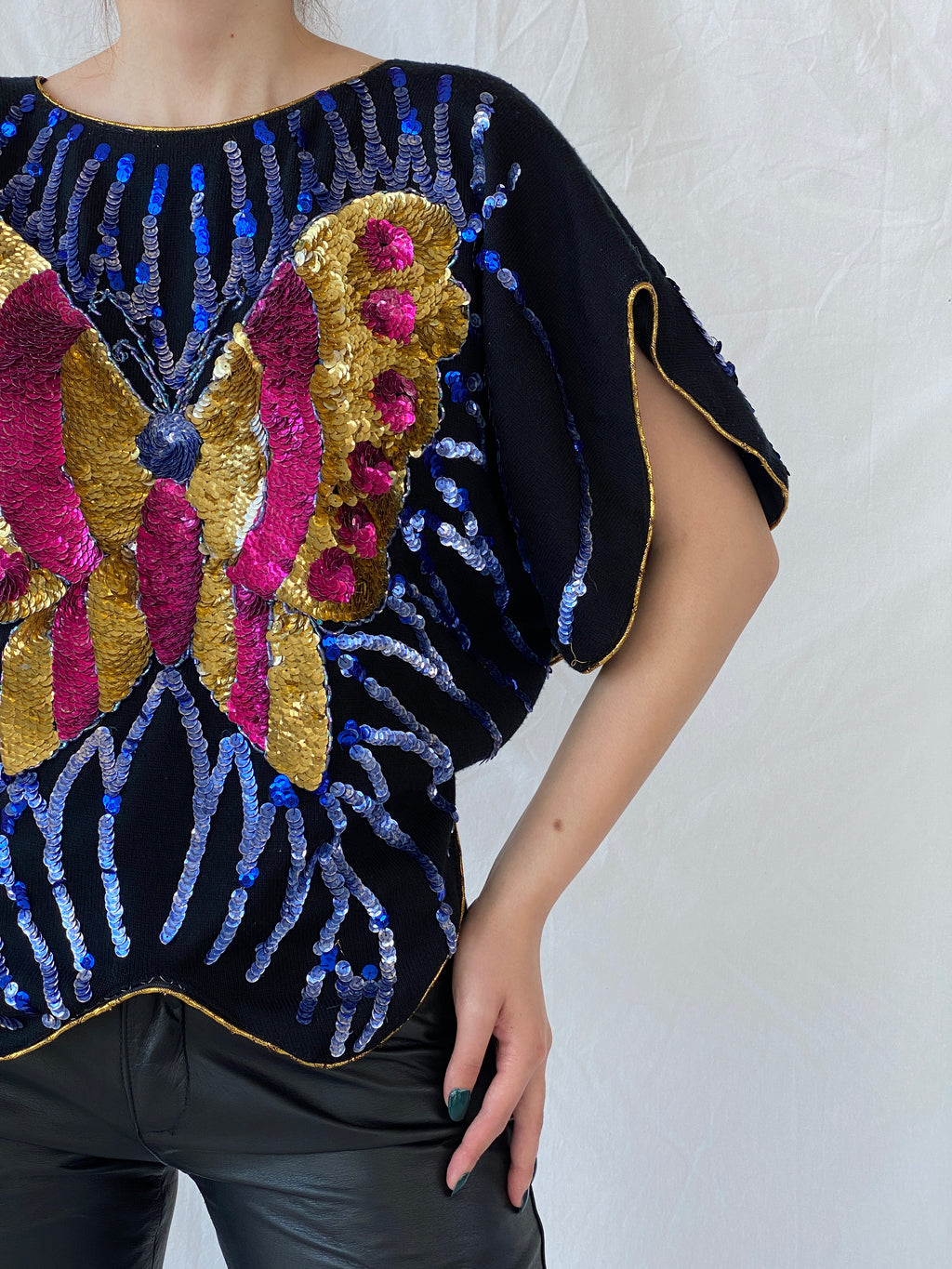 Vintage Y2K Alzouhour Sequined Butterfly Black Top - M