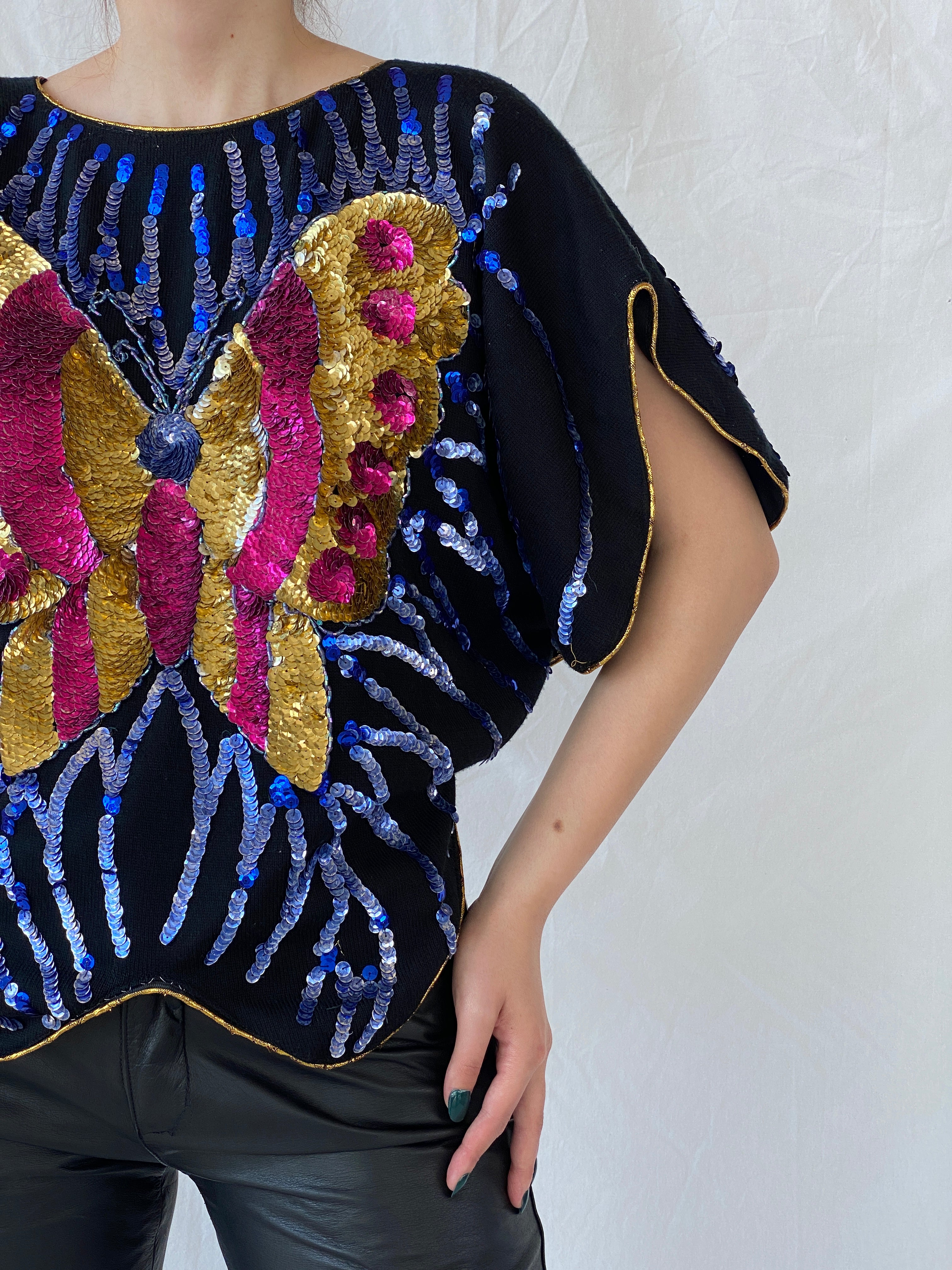 Vintage Y2K Alzouhour Sequined Butterfly Black Top - M