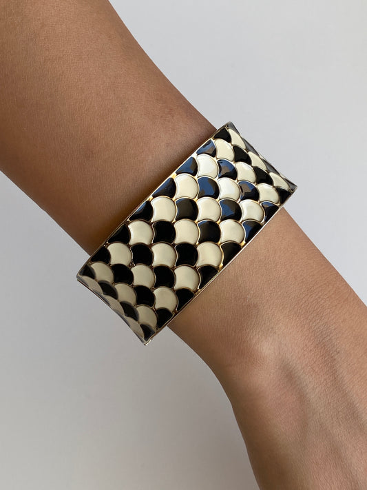 Vintage Black & Ivory Enamel Gold Tone Hinged Wide Cuff Bracelet