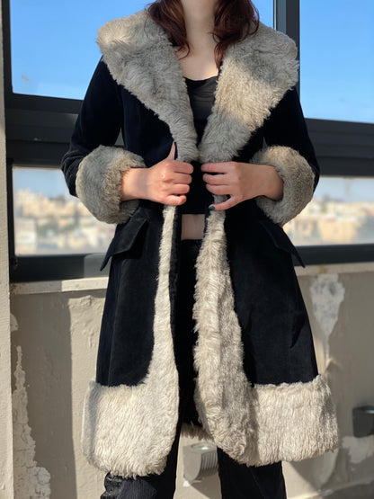 Vintage 90s Wild Rose Penny Lane Black Faux Grey Fur Afghan Style Coat - M