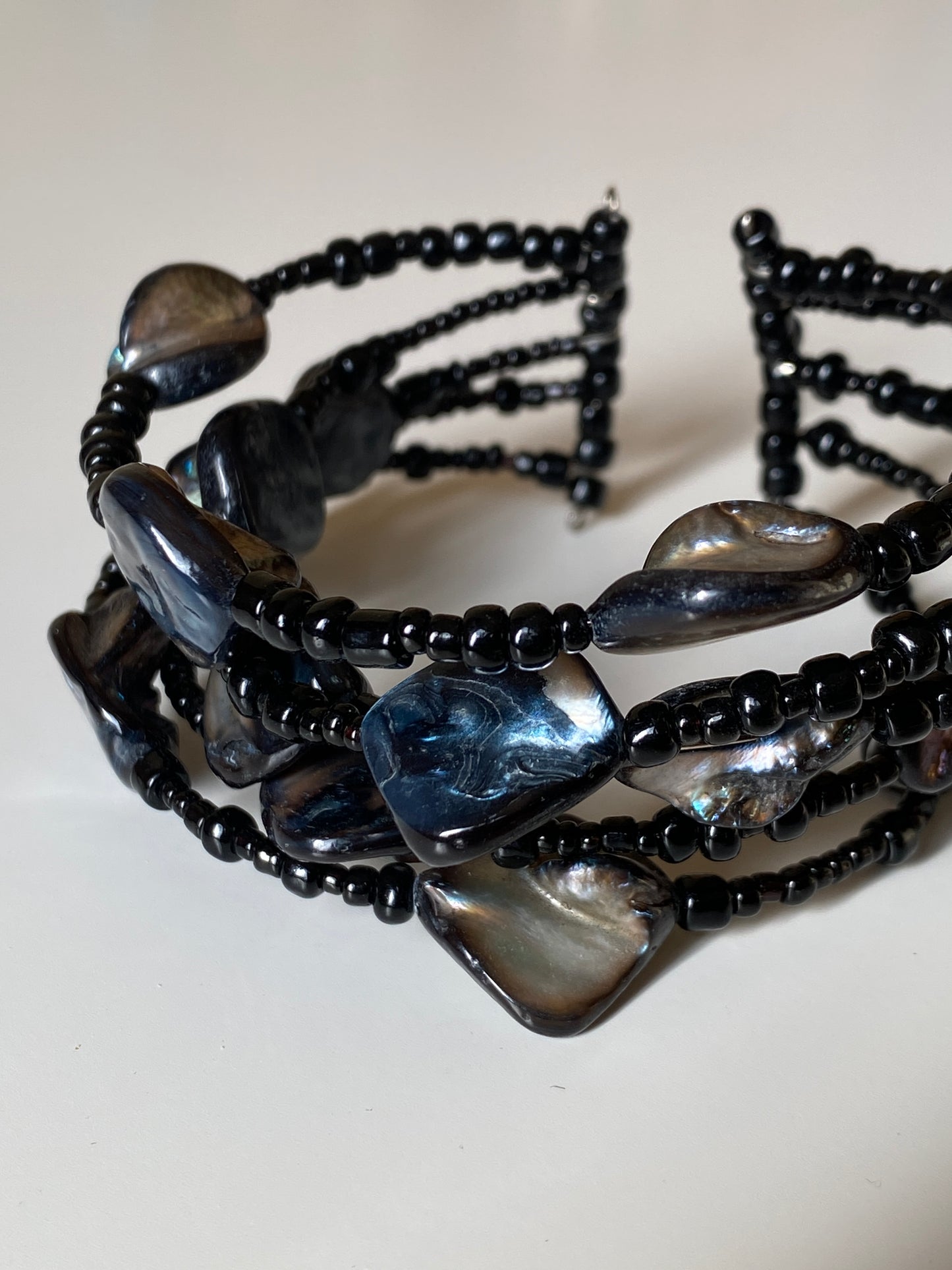 Vintage Y2K Black Beaded Wrap Bracelet with Shell Cabochon Stones Boho Statement Jewelry