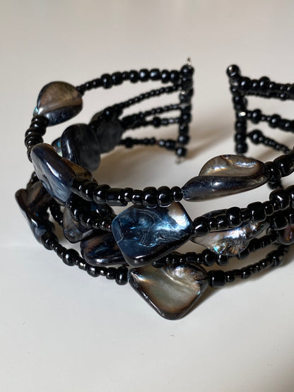 Vintage Y2K Black Beaded Wrap Bracelet with Shell Cabochon Stones Boho Statement Jewelry