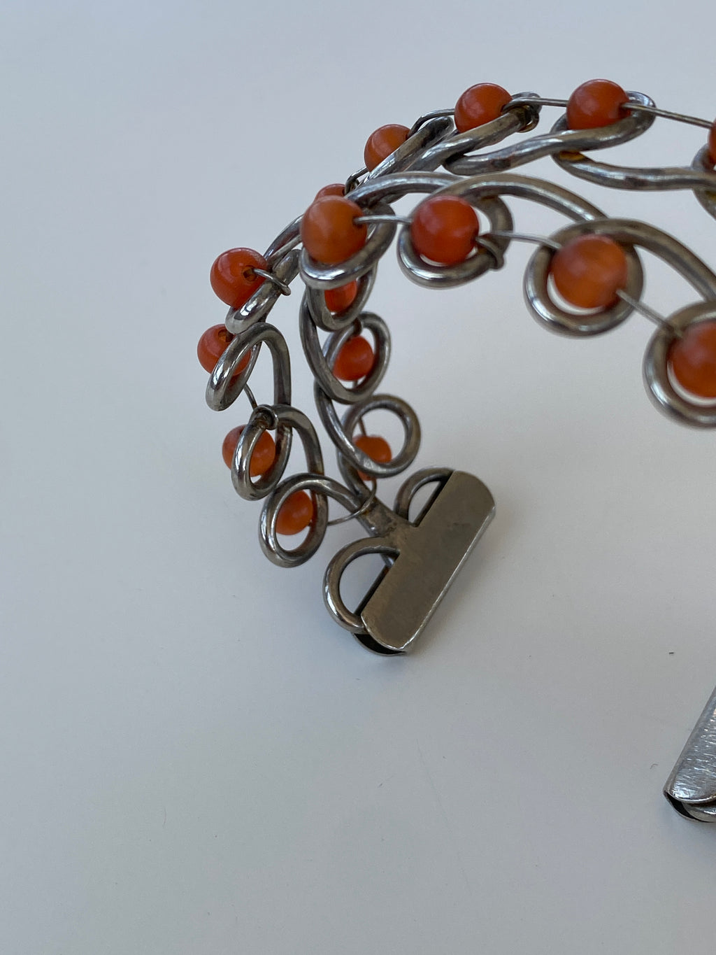Vintage Wire Wrapped Bracelet with Orange Glass Beads – Retro Boho Jewelry
